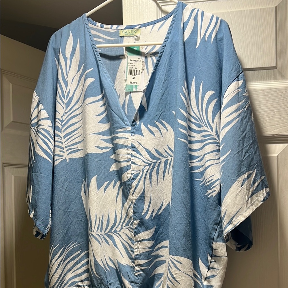 Santiki Blue and White Leaf Print Women's Top size Medium